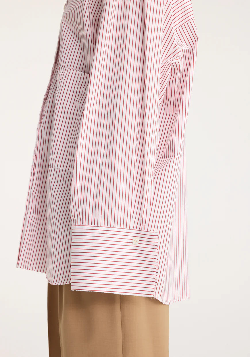 ROHE SHIRT WITH LARGE CUFFS AND FRAYING DETAILS IN WHITE/PORT STRIPE