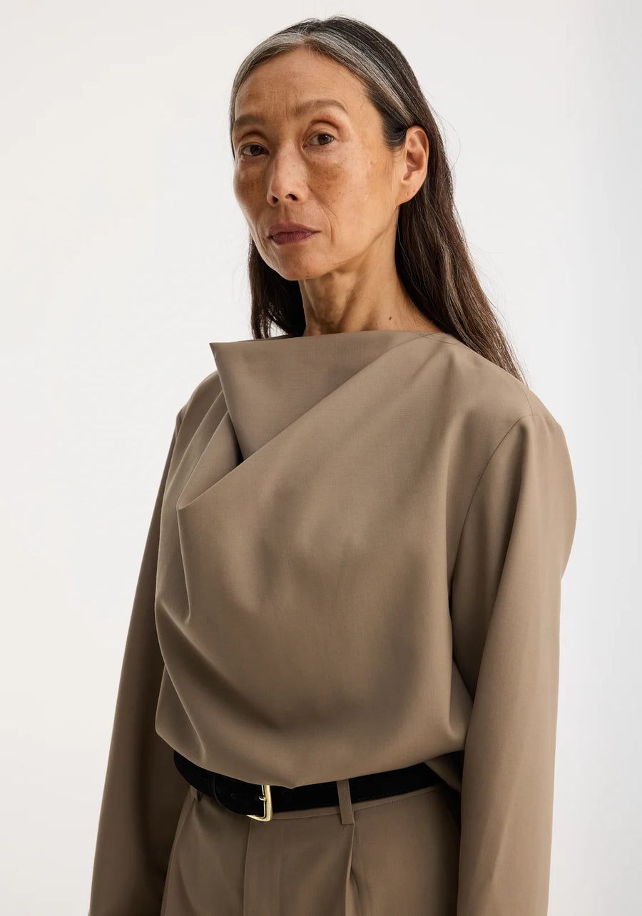 ROHE DRAPED WOOL TOP IN KHAKI