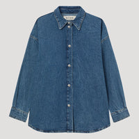 ROHE SILK DENIM OVERSIZED SHIRT IN MID DENIM BLUE