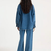 ROHE SILK DENIM OVERSIZED SHIRT IN MID DENIM BLUE