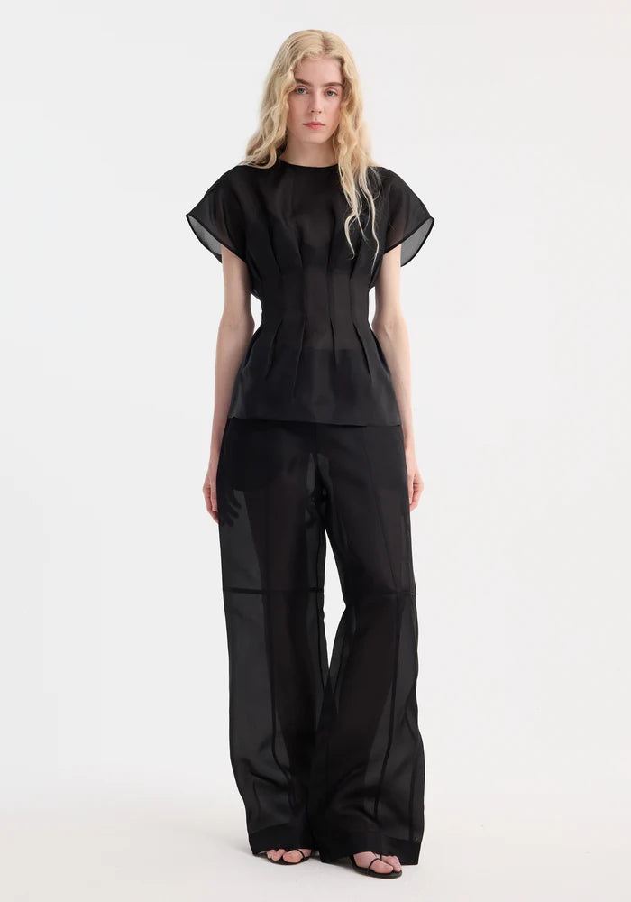 ROHE PLEATED WAISTLINE ORGANZA SILK TOP IN BLACK