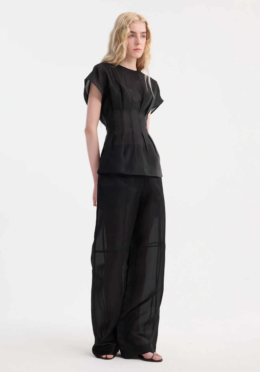 ROHE PLEATED WAISTLINE ORGANZA SILK TOP IN BLACK