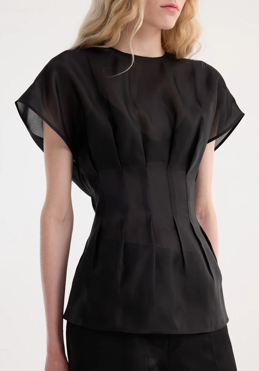 ROHE PLEATED WAISTLINE ORGANZA SILK TOP IN BLACK