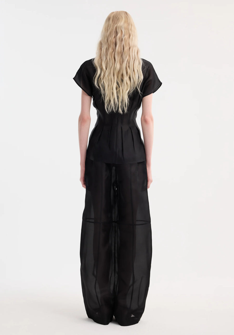ROHE PLEATED WAISTLINE ORGANZA SILK TOP IN BLACK