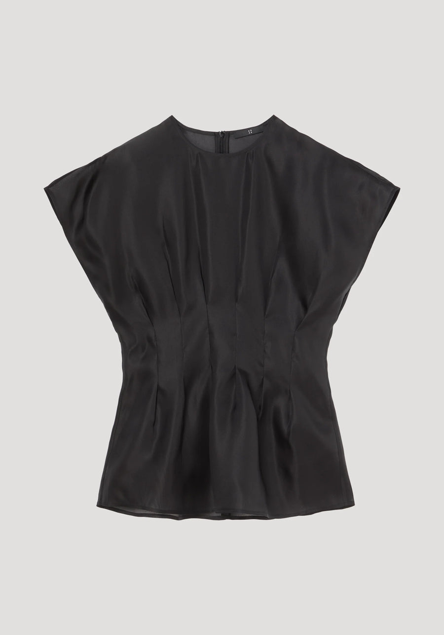 ROHE PLEATED WAISTLINE ORGANZA SILK TOP IN BLACK