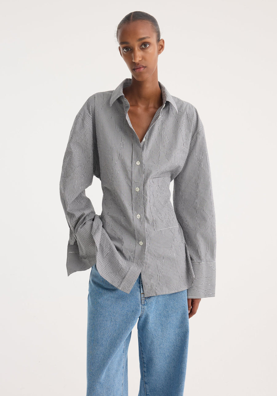 ROHE CRUSHED CHECKED SHAPED SHIRT IN MINI GREY CHECK