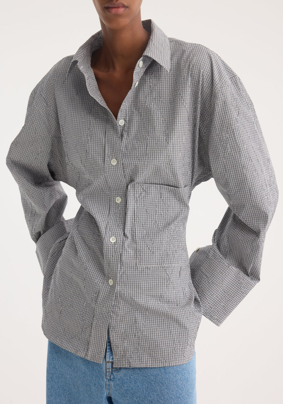 ROHE CRUSHED CHECKED SHAPED SHIRT IN MINI GREY CHECK