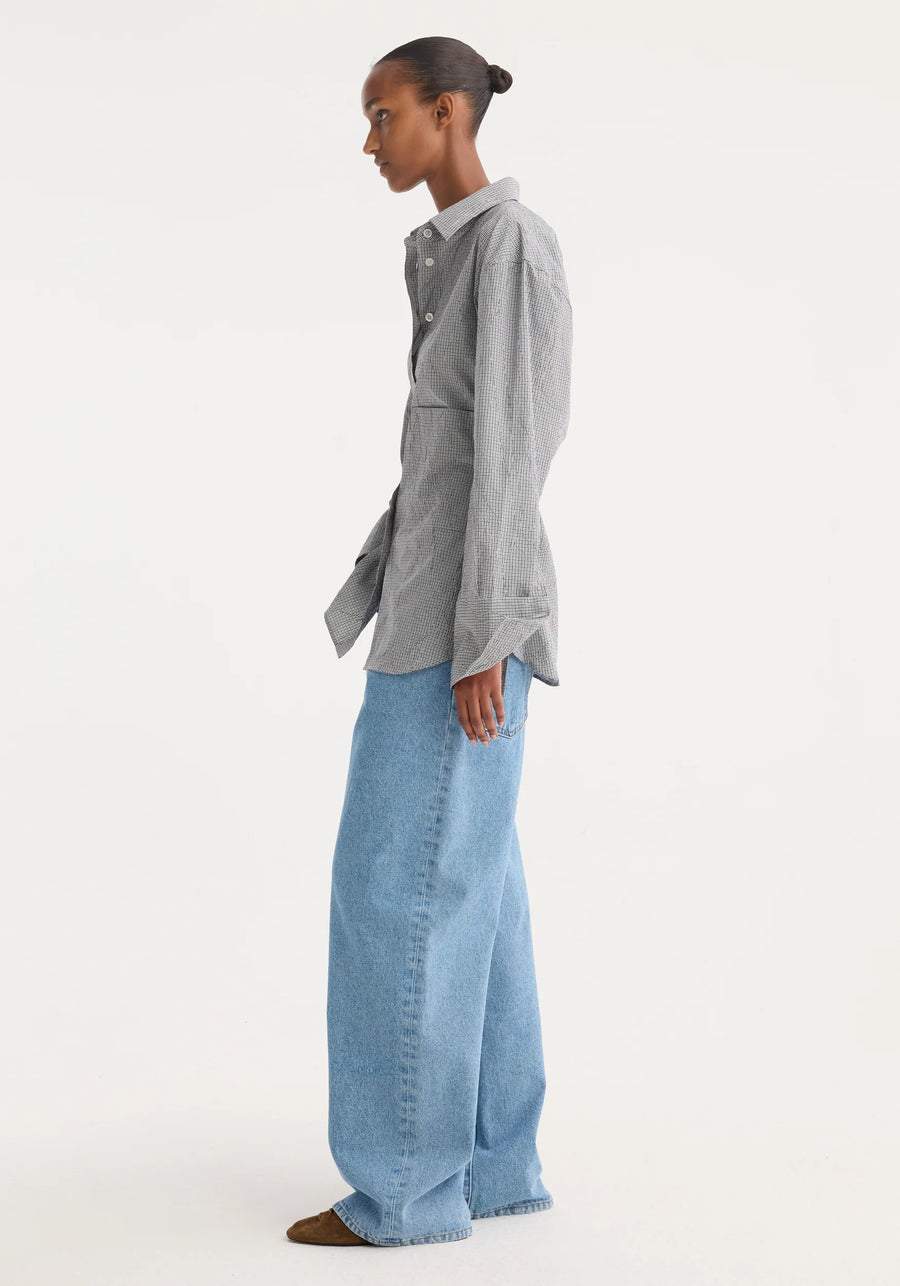 ROHE CRUSHED CHECKED SHAPED SHIRT IN MINI GREY CHECK