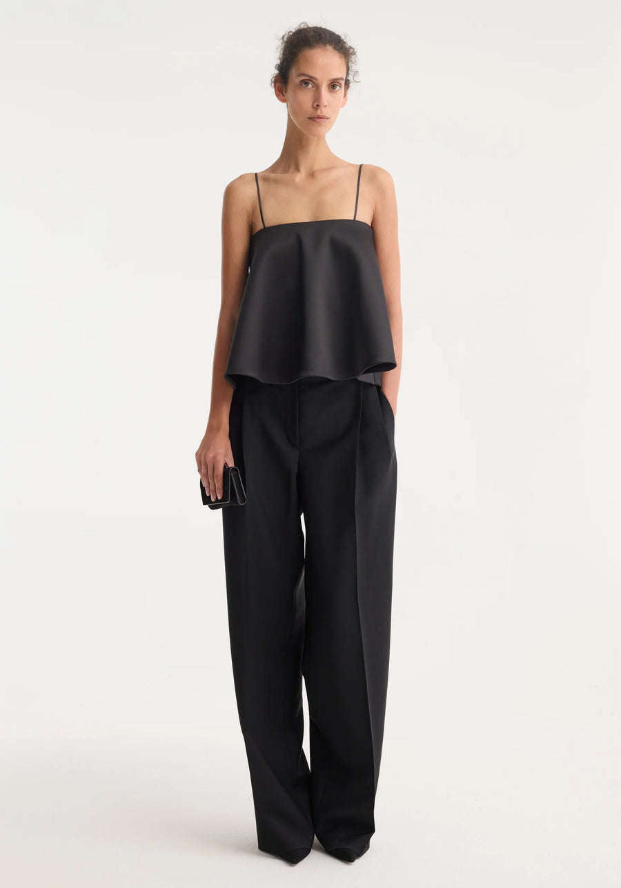 ROHE PEPLUM SATIN TOP IN BLACK