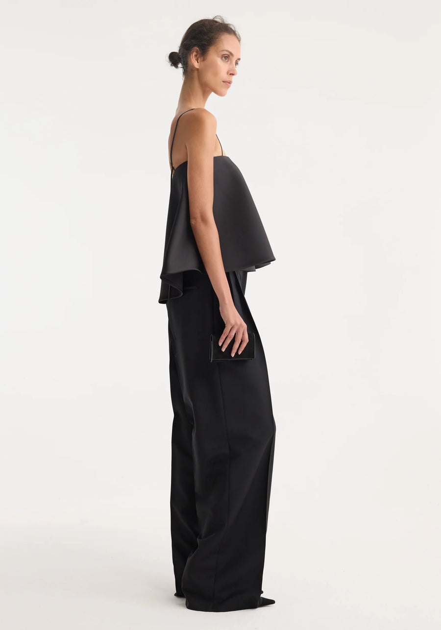 ROHE PEPLUM SATIN TOP IN BLACK