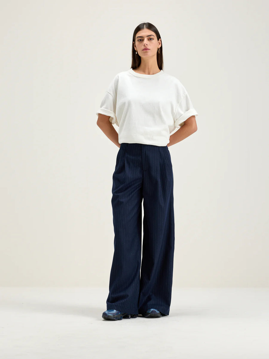 BELLEROSE VOLKERT TROUSERS IN NAVY/WHITE PIN STRIPE