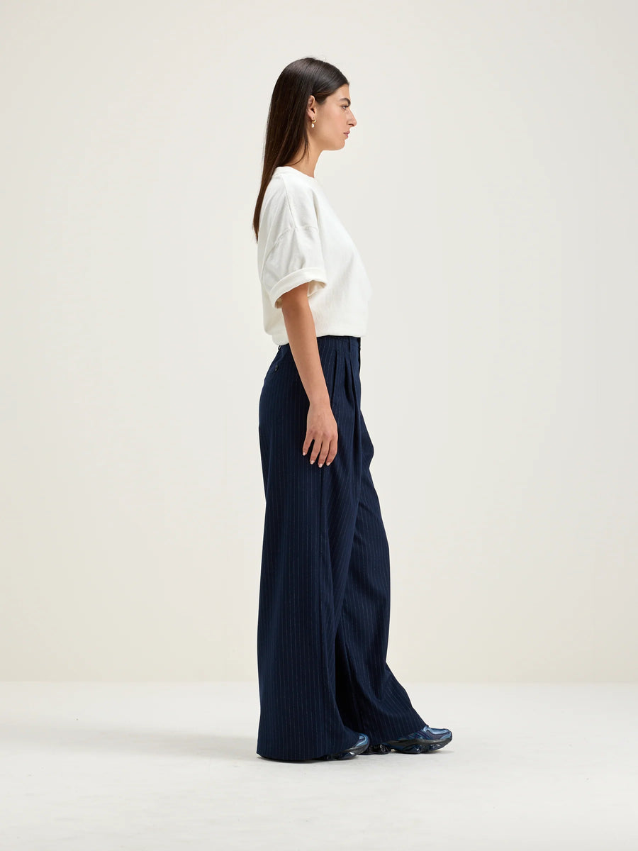 BELLEROSE VOLKERT TROUSERS IN NAVY/WHITE PIN STRIPE