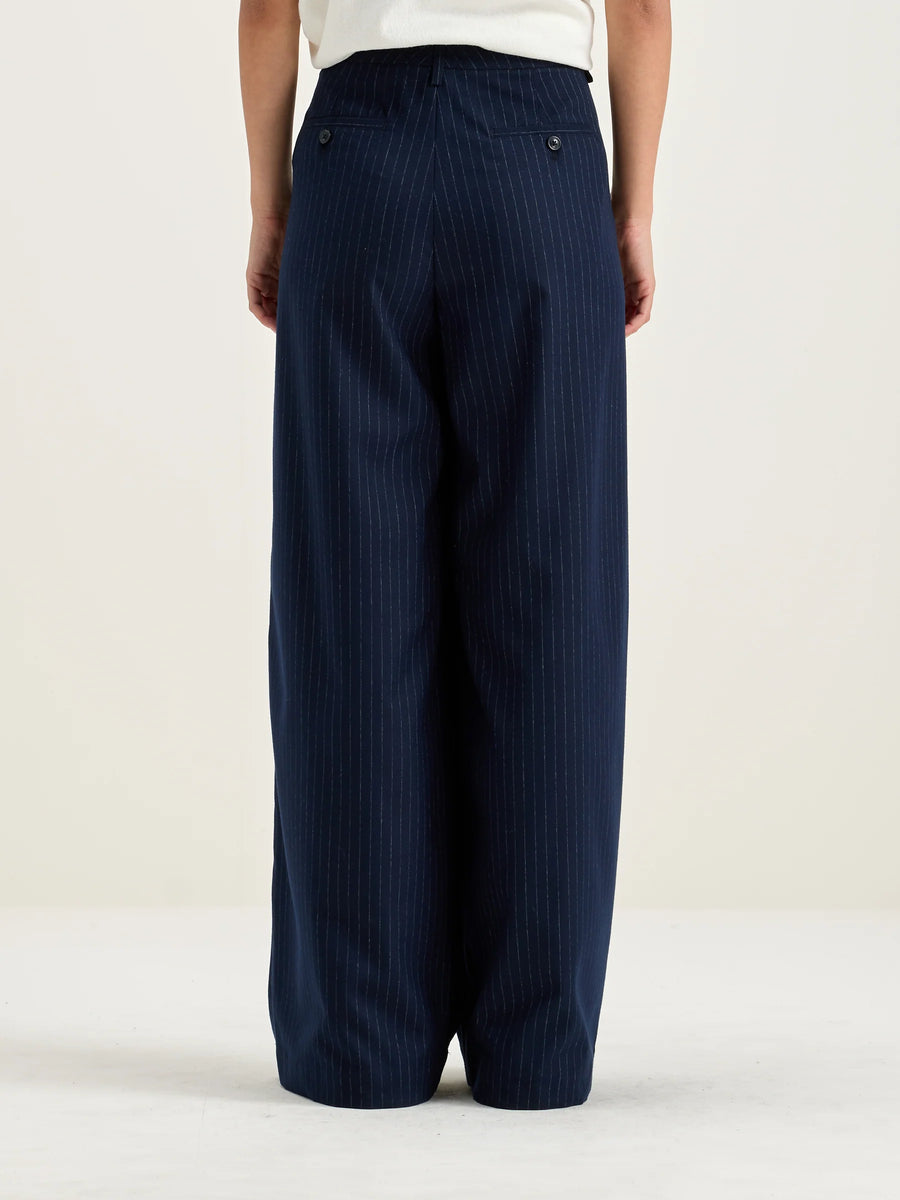 BELLEROSE VOLKERT TROUSERS IN NAVY/WHITE PIN STRIPE