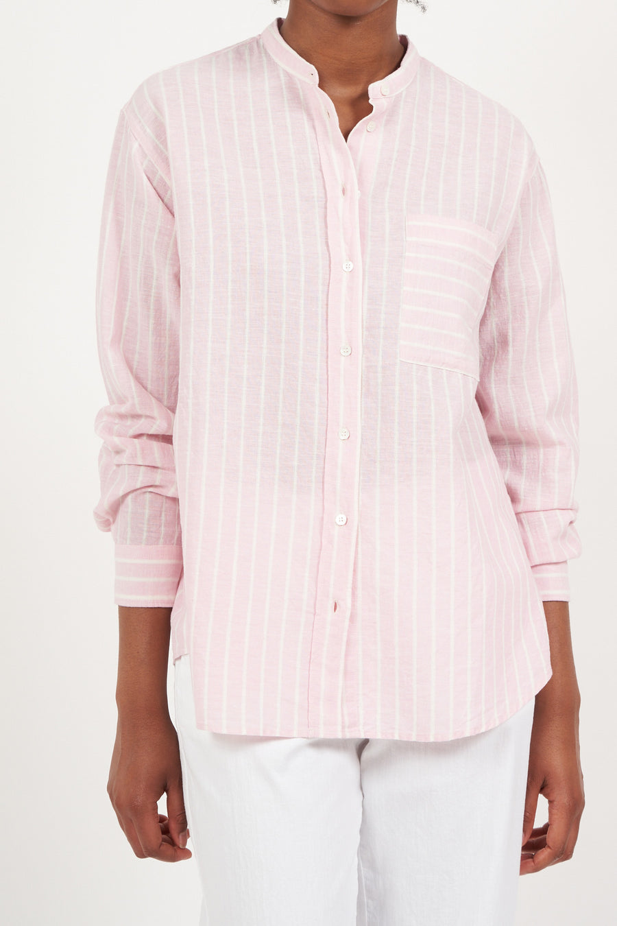 HARTFORD CONNOR SHIRT IN LIGHT PINK WITH NARROW WHITE STRIPES