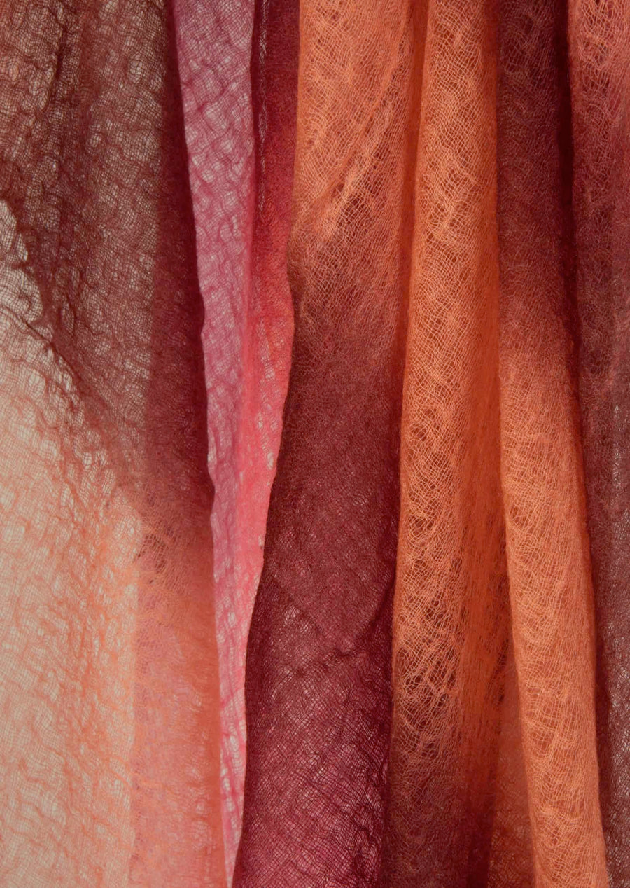 MIRROR IN THE SKY ST TROPEZ SEMI FELTED PRINTED STRIPES & DIP DYE SHAWL IN LIPSTICK