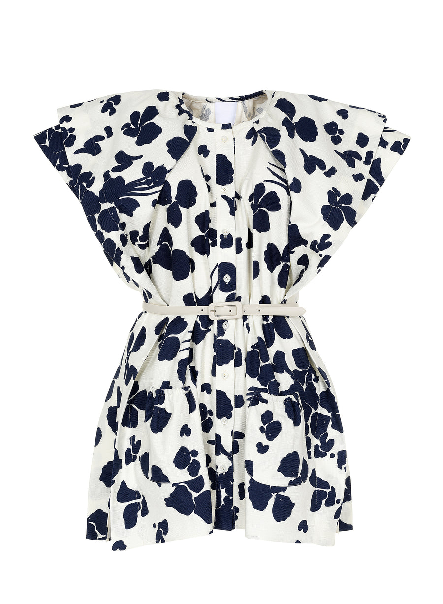 MANTU CAPPED SLEEVE TOP IN WHITE WITH NAVY FLOWERS