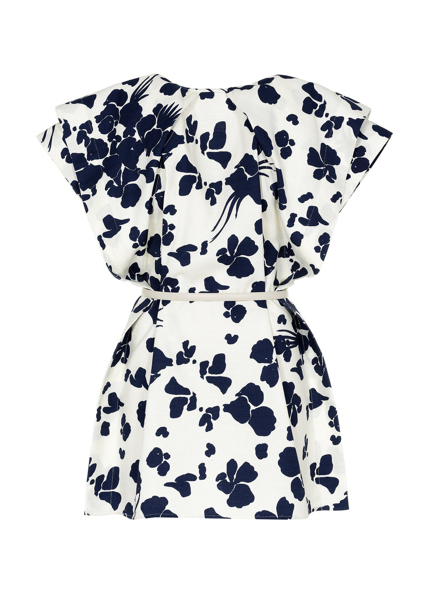 MANTU CAPPED SLEEVE TOP IN WHITE WITH NAVY FLOWERS