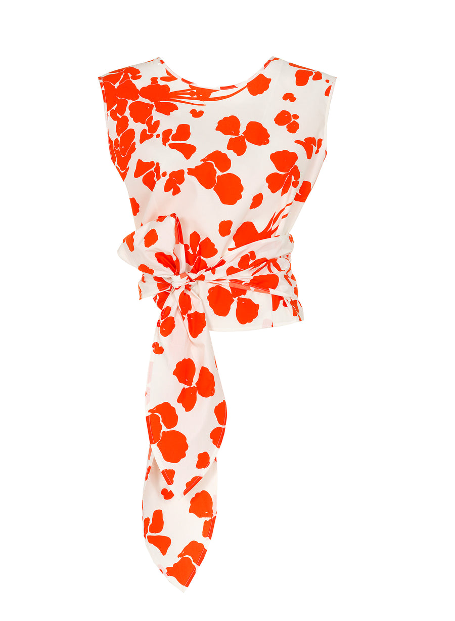 MANTU SLEEVELESS CROPPED TOP IN WHITE WITH ORANGE FLOWERS