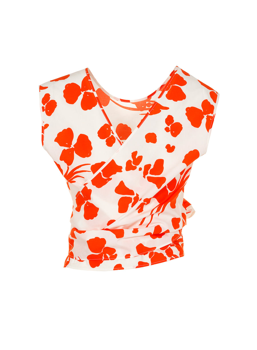 MANTU SLEEVELESS CROPPED TOP IN WHITE WITH ORANGE FLOWERS