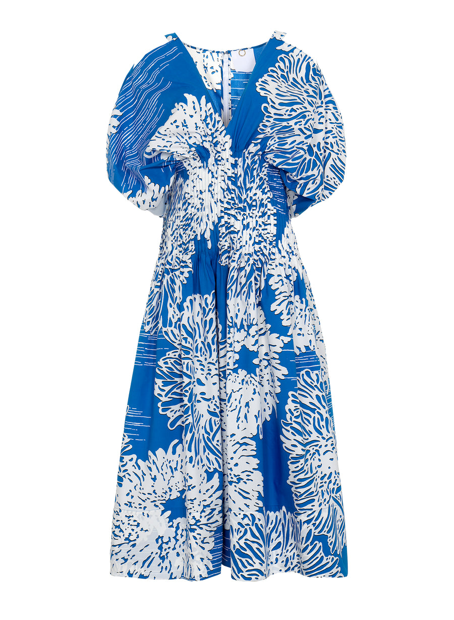 MANTU SHORT SLEEVED DRESS IN BLUE WITH WHITE FLORAL DESIGN