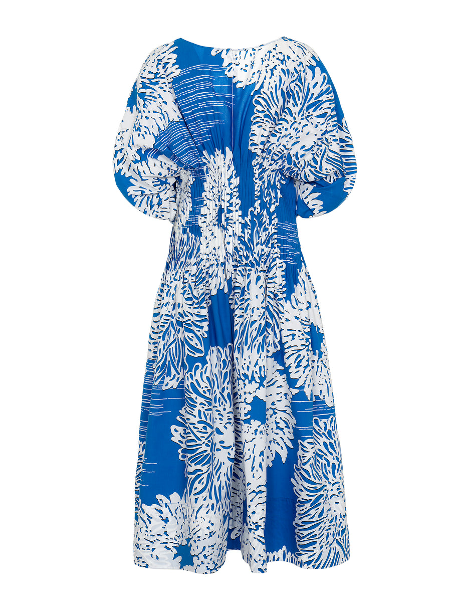 MANTU SHORT SLEEVED DRESS IN BLUE WITH WHITE FLORAL DESIGN