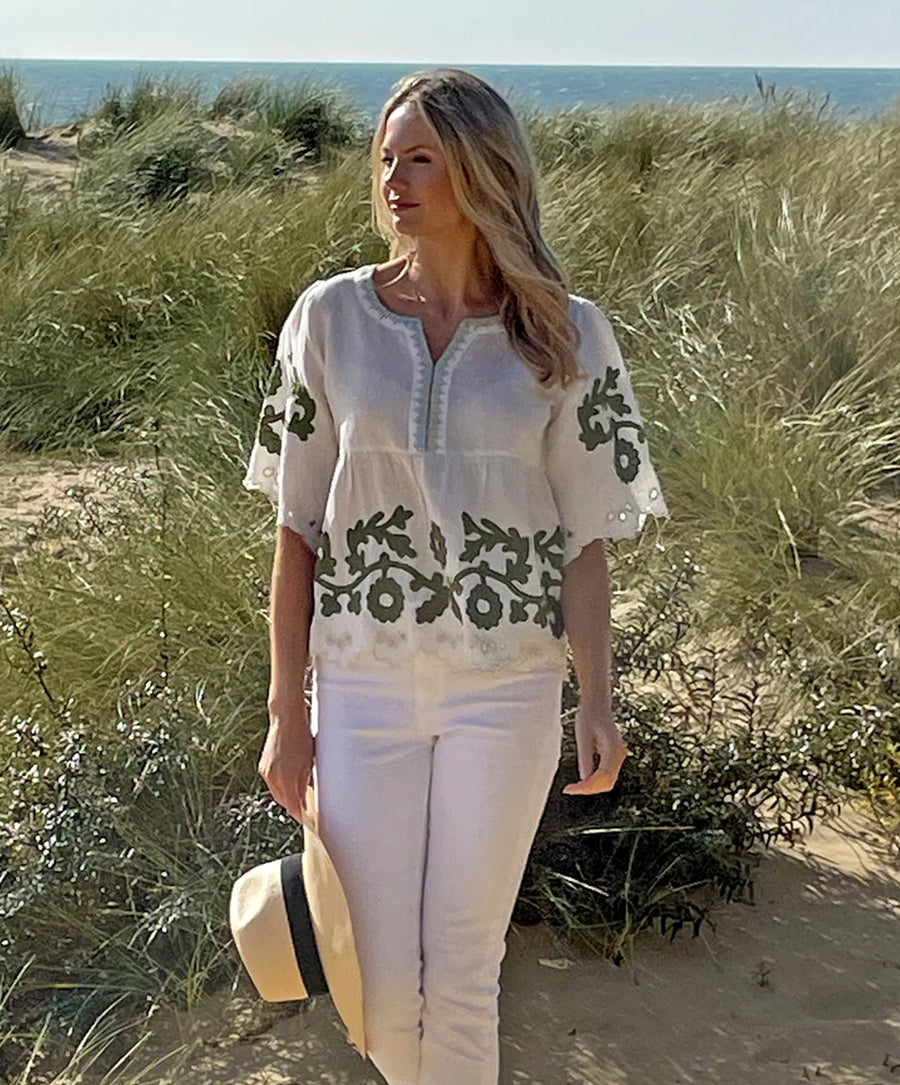 ROSE AND ROSE ALASSIO WHITE TOP WITH OLIVE EMBROIDERY