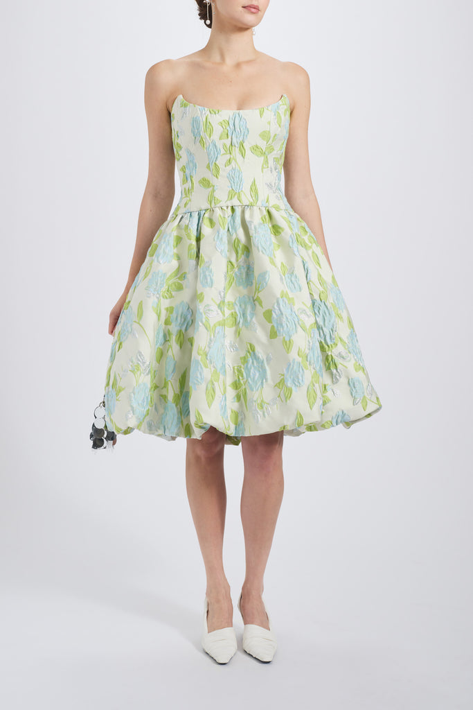 AMSALE FLORAL JACQUARD BUBBLE HEM DRESS