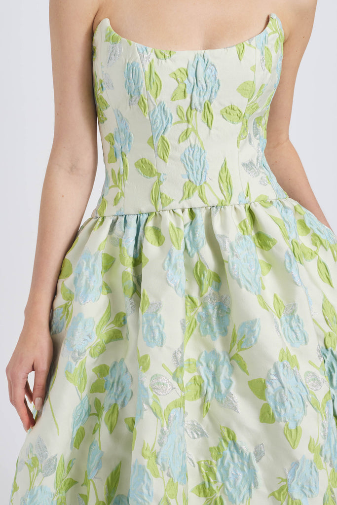 AMSALE FLORAL JACQUARD BUBBLE HEM DRESS