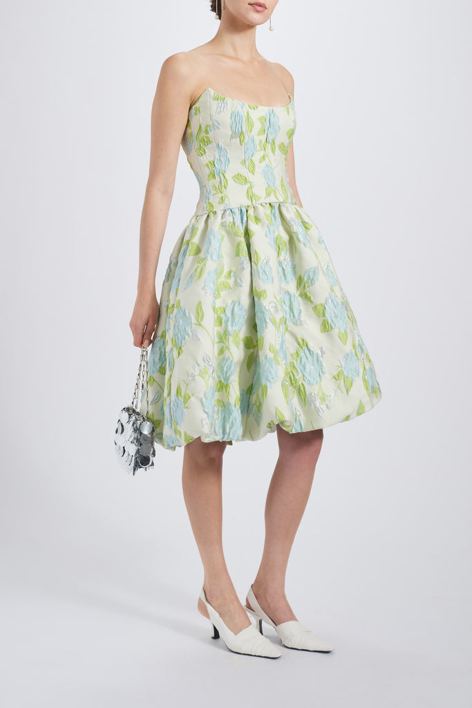 AMSALE FLORAL JACQUARD BUBBLE HEM DRESS