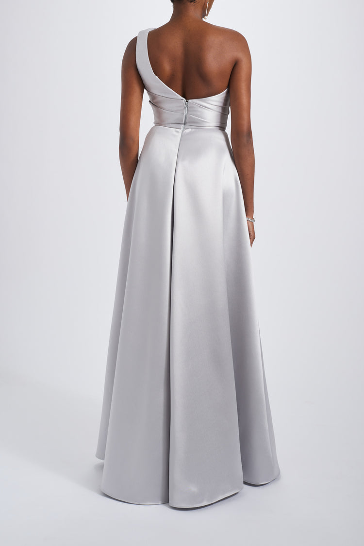 AMSALE ONE SHOULDER MIKADO GOWN.