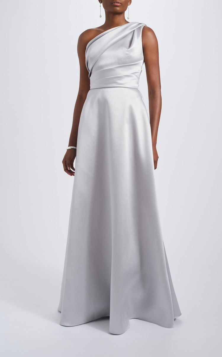 AMSALE ONE SHOULDER MIKADO GOWN.