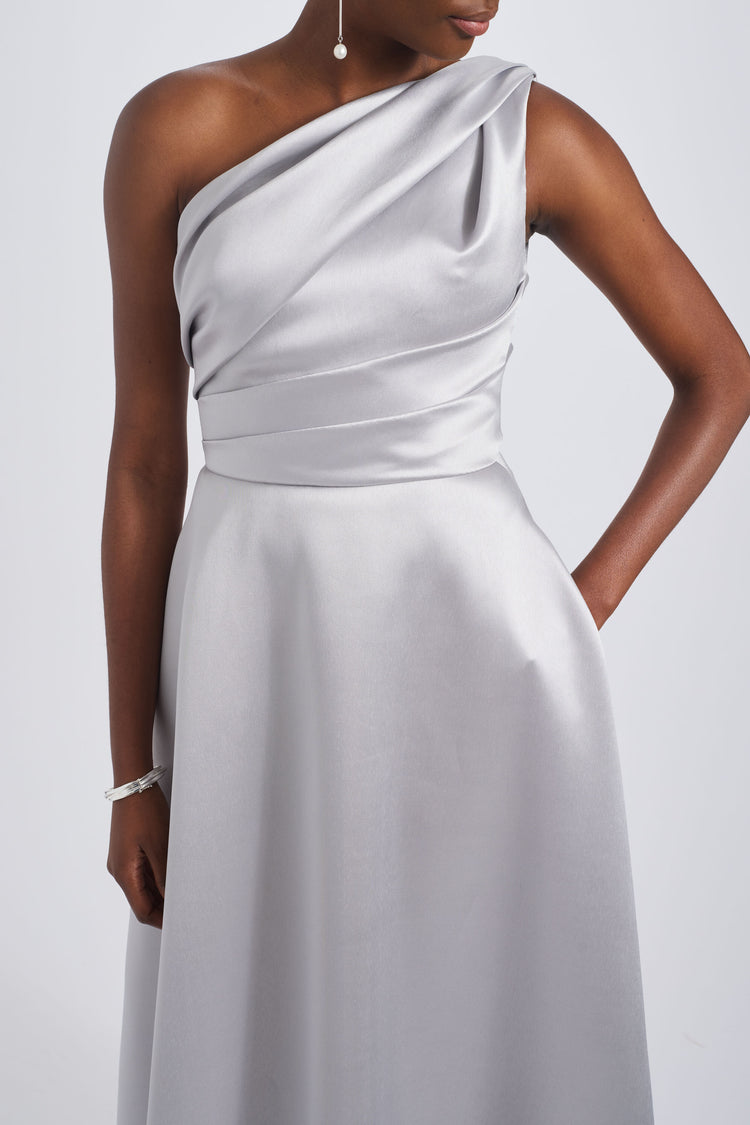 AMSALE ONE SHOULDER MIKADO GOWN.