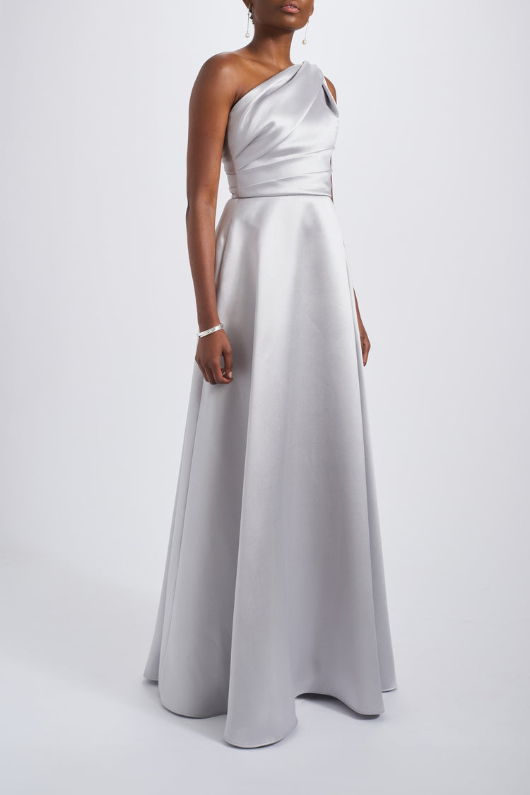 AMSALE ONE SHOULDER MIKADO GOWN.
