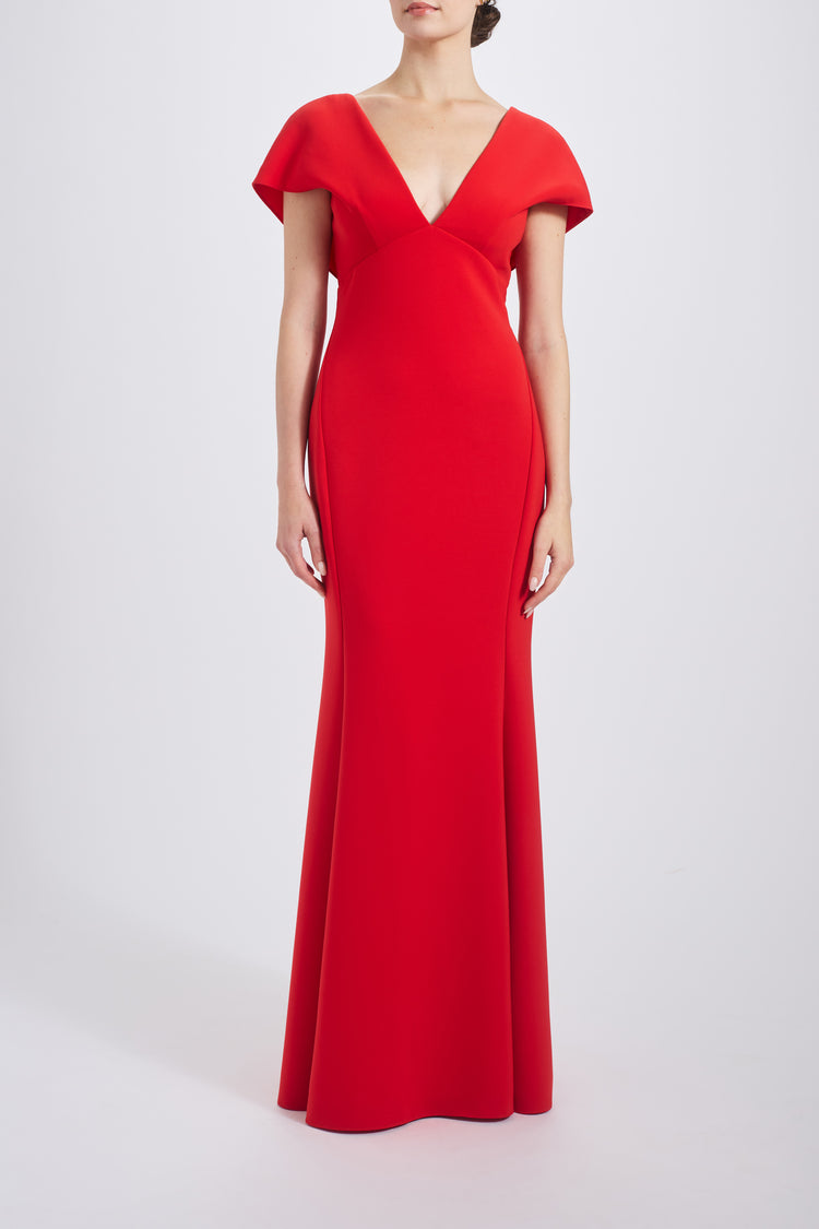 AMSALE ITALIAN STRETCH CREPE V NECK GOWN