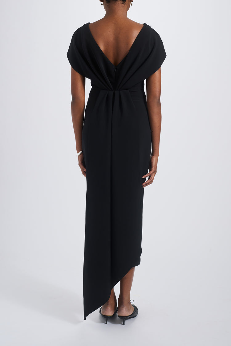 AMSALE ITALIAN STRETCH CREPE V-NECK MIDI DRESS IN BLACK
