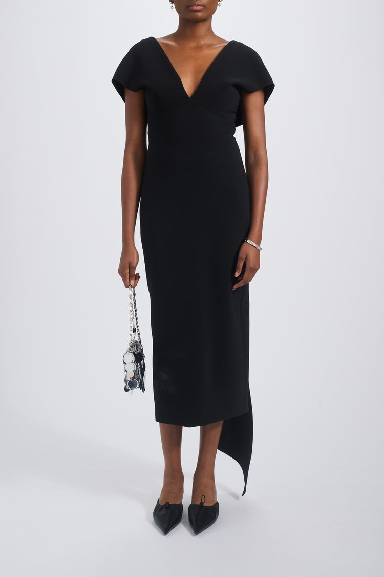 AMSALE ITALIAN STRETCH CREPE V-NECK MIDI DRESS IN BLACK
