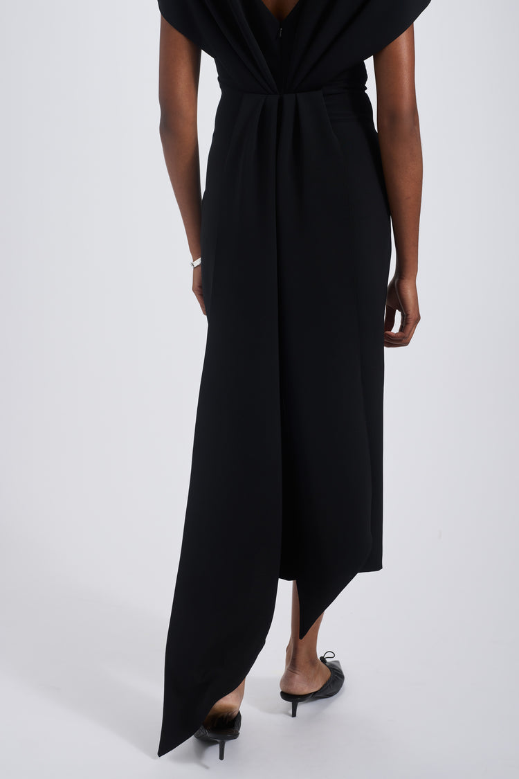 AMSALE ITALIAN STRETCH CREPE V-NECK MIDI DRESS IN BLACK