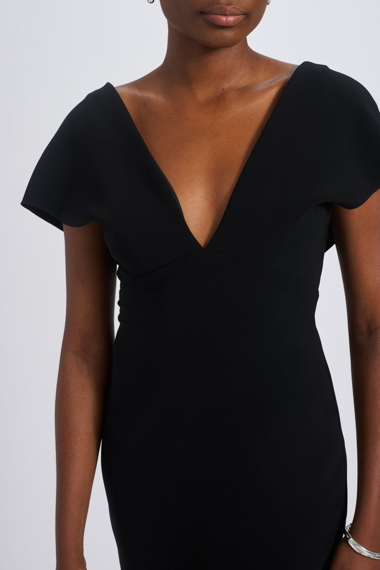 AMSALE ITALIAN STRETCH CREPE V-NECK MIDI DRESS IN BLACK