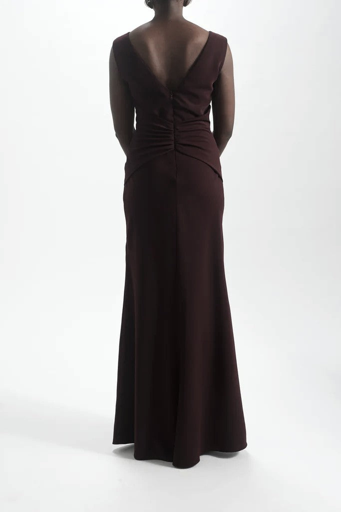 AMSALE TWIST CREPE DRESS IN RAISIN