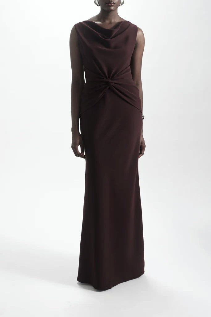 AMSALE TWIST CREPE DRESS IN RAISIN