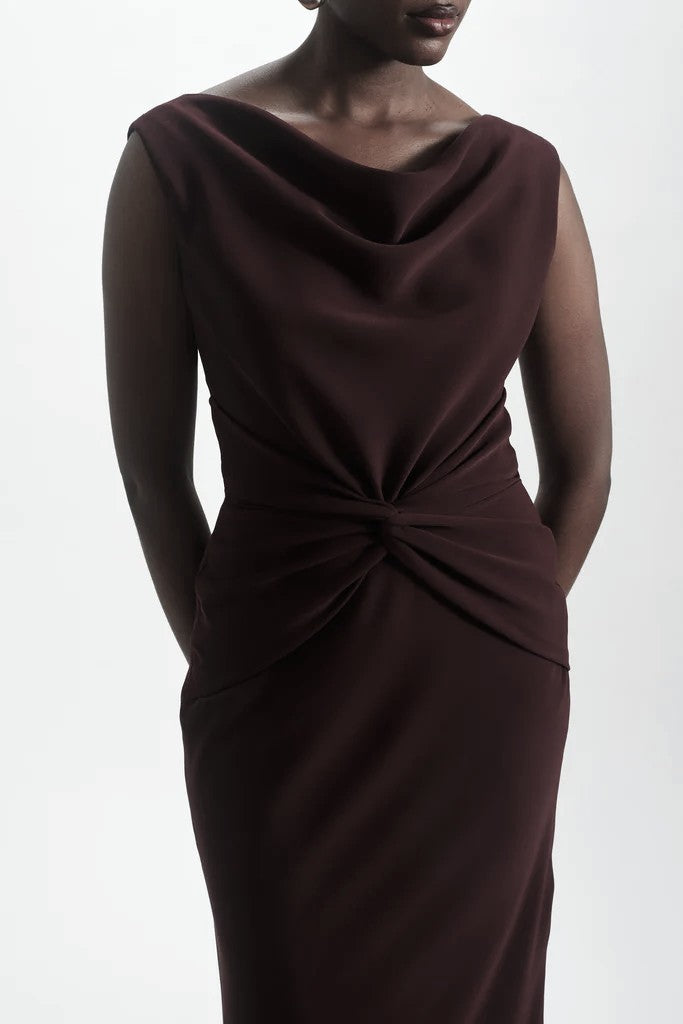 AMSALE TWIST CREPE DRESS IN RAISIN