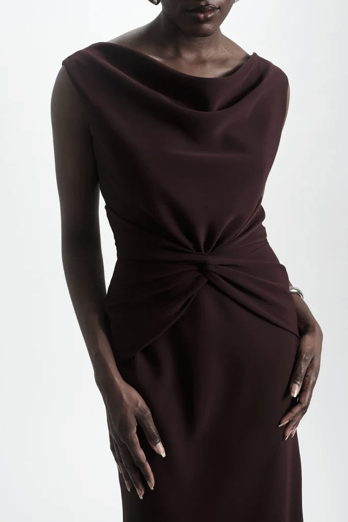 AMSALE TWIST CREPE DRESS IN RAISIN