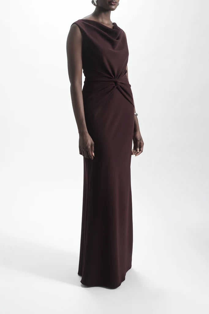 AMSALE TWIST CREPE DRESS IN RAISIN