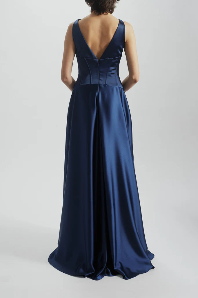 AMSALE CORSET DROP WAIST GOWN IN FRENCH BLUE