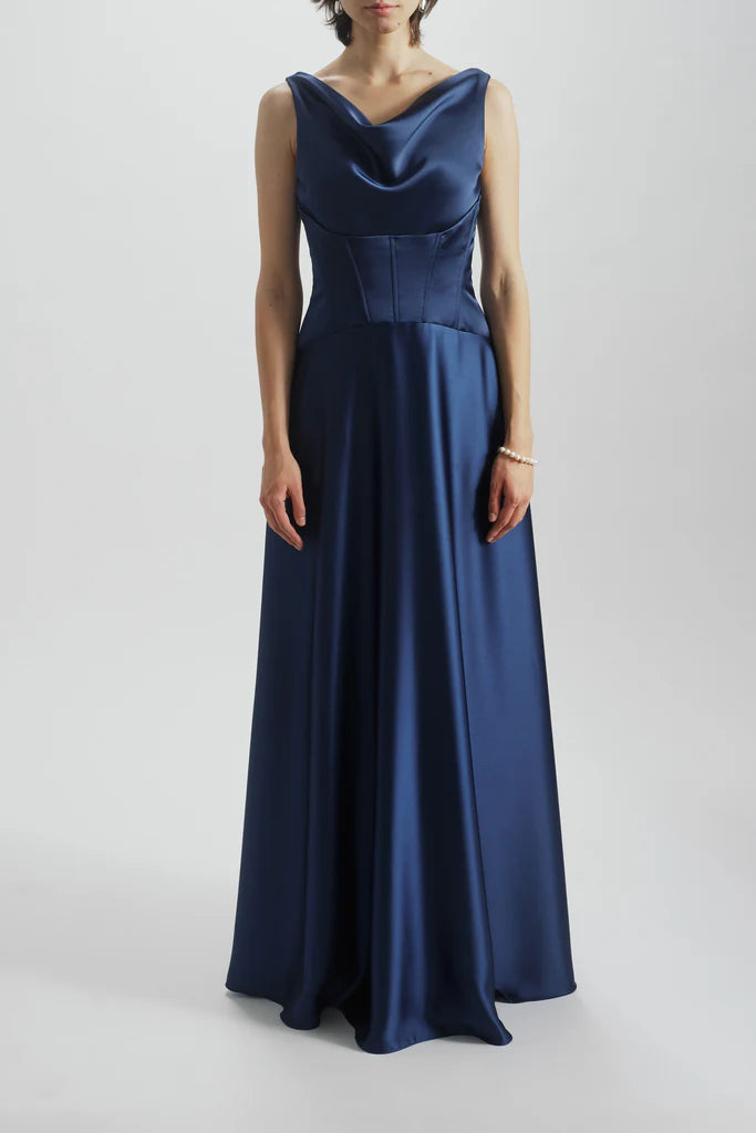 AMSALE CORSET DROP WAIST GOWN IN FRENCH BLUE