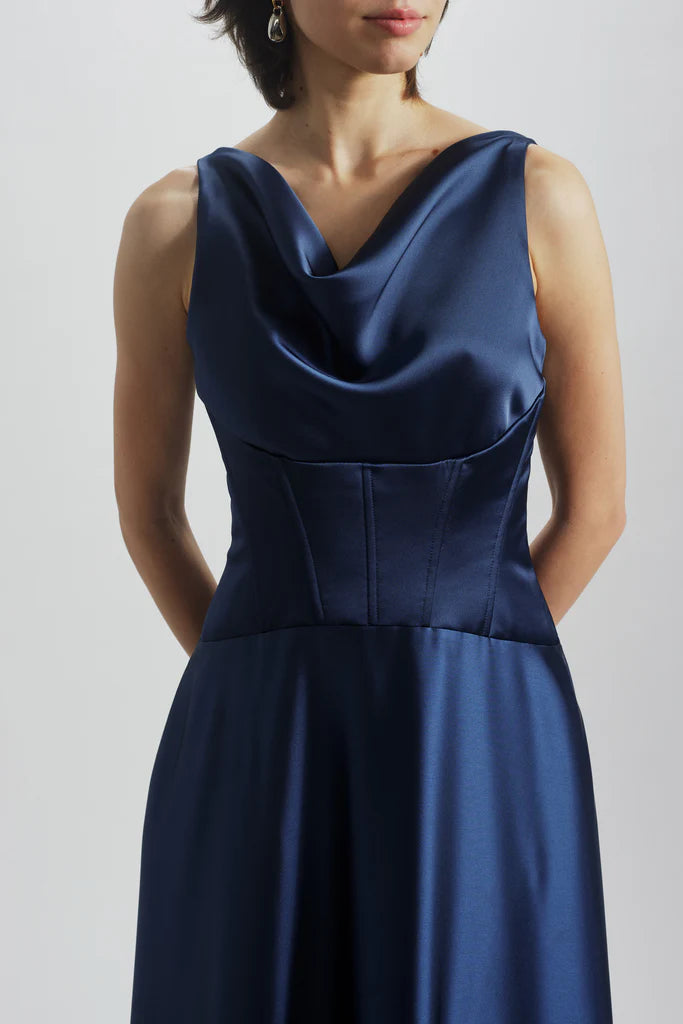 AMSALE CORSET DROP WAIST GOWN IN FRENCH BLUE