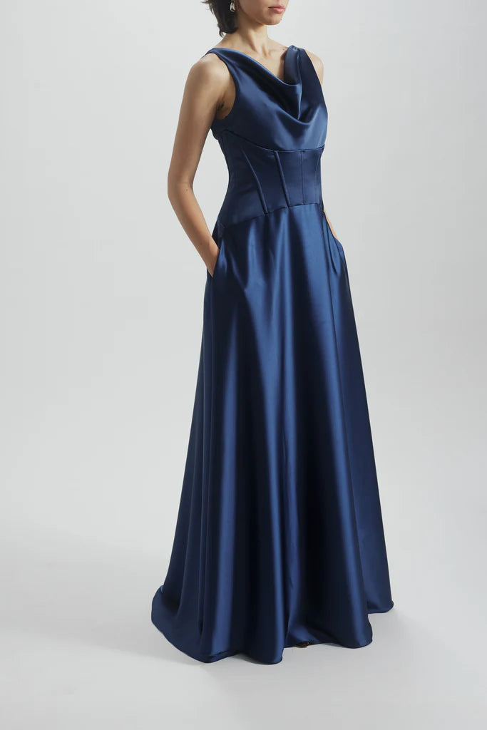 AMSALE CORSET DROP WAIST GOWN IN FRENCH BLUE