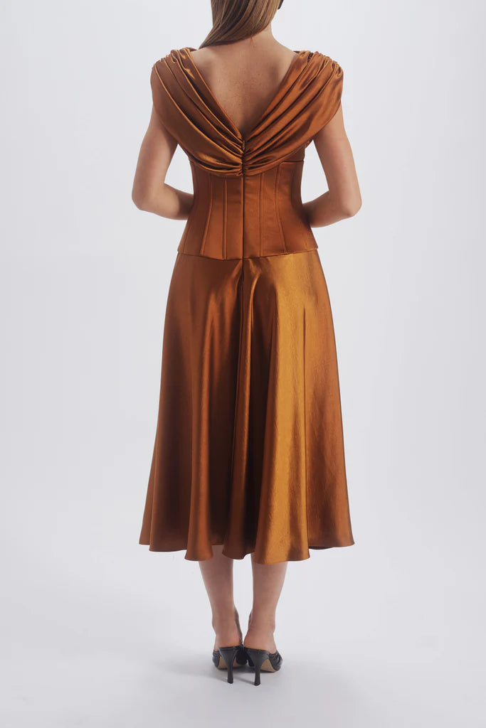 AMSALE COWL CORSET DRESS IN COPPER