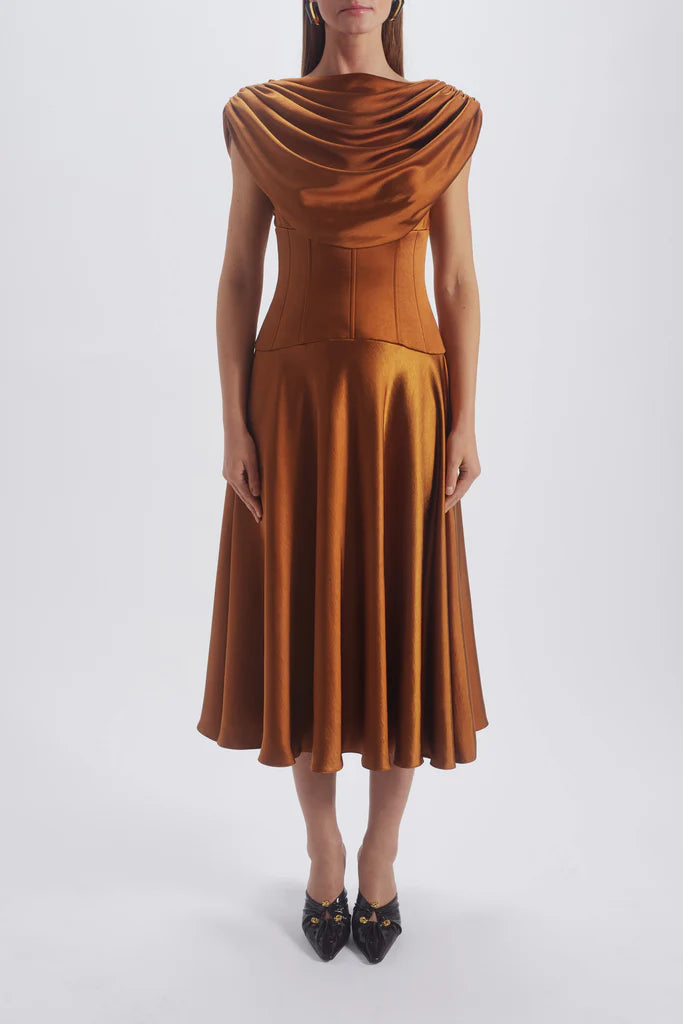 AMSALE COWL CORSET DRESS IN COPPER