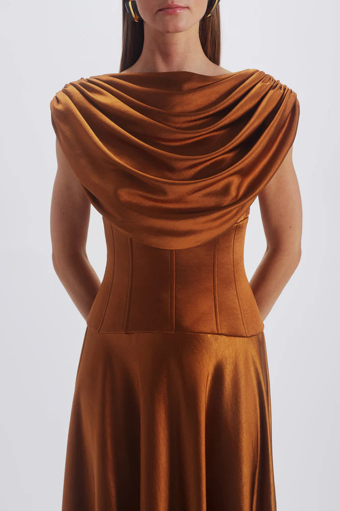 AMSALE COWL CORSET DRESS IN COPPER